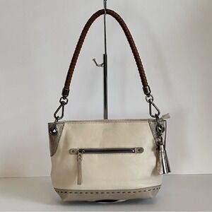 The Sak Thalia Cream Pebbled Leather Gray Metallic Shoulder Bag Braided Strap